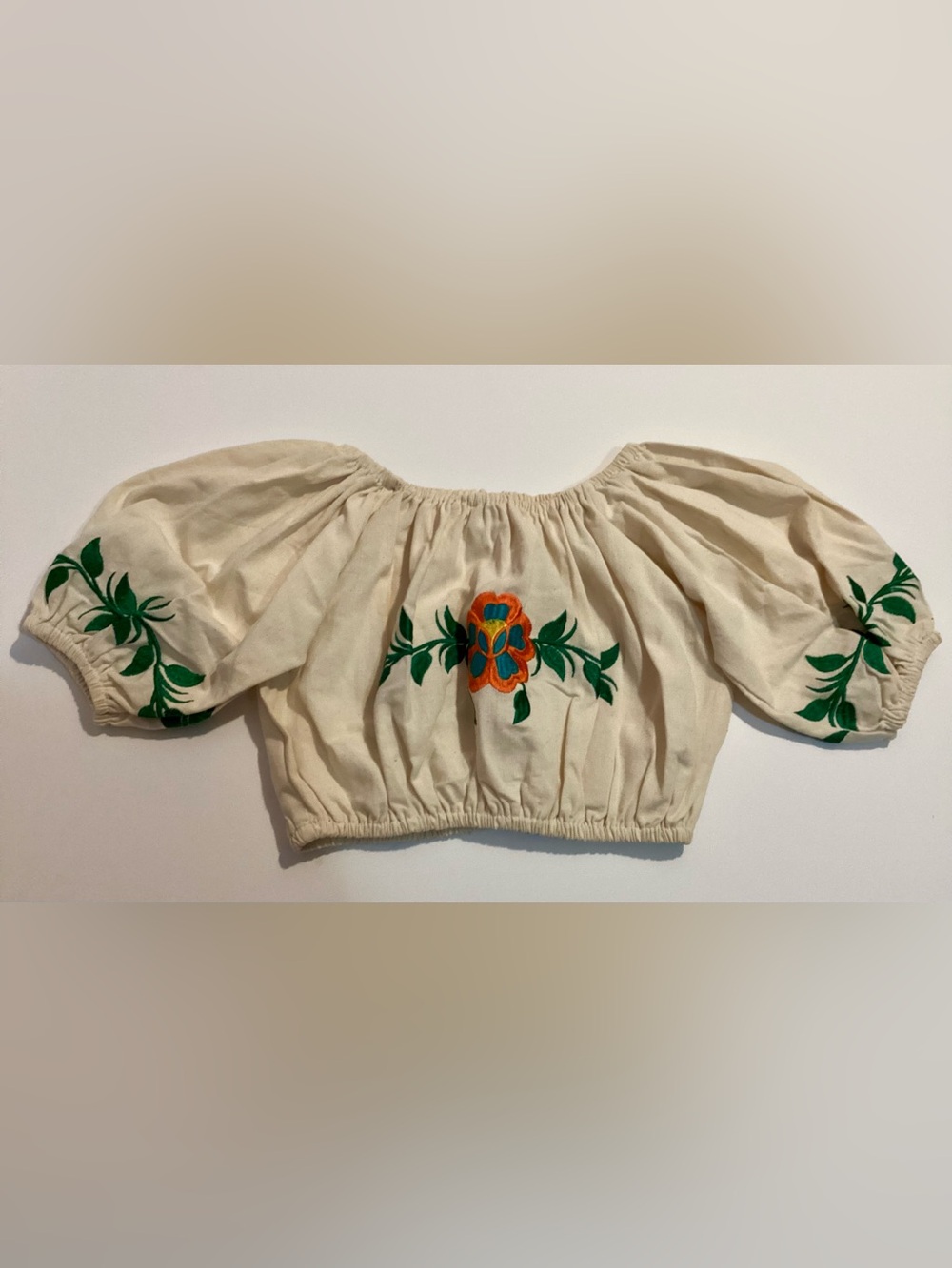 Mi Cream Off-Shoulder Crop Top with Green & Orange Floral Embroidery